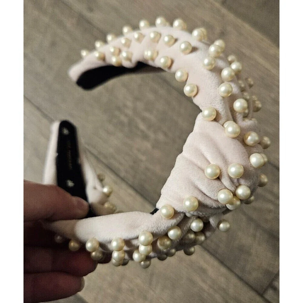 Lele Sadoughi Light Pink Pearl Velvet Headband